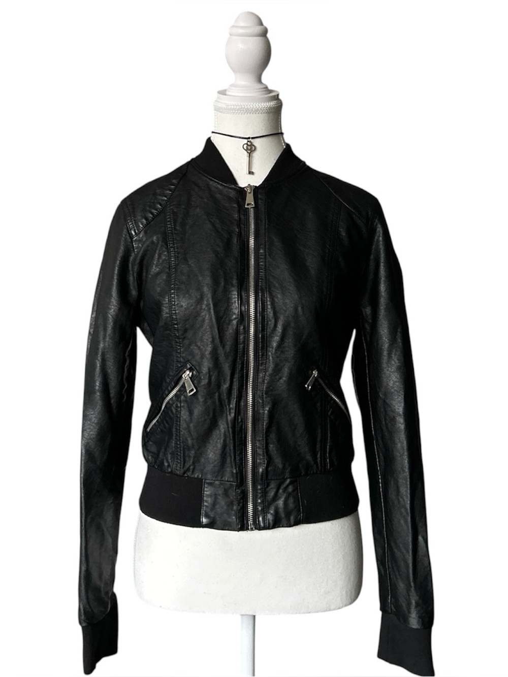 Y2K Grunge “Ci Sono” Black Faux Leather Biker Bomber Style Zip-up Jacket